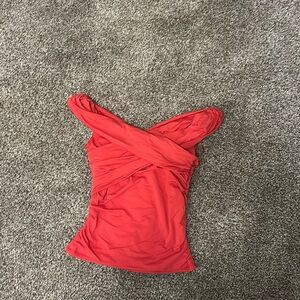 Abercrombie top off shoulder ruched wrap top 
Garnet
